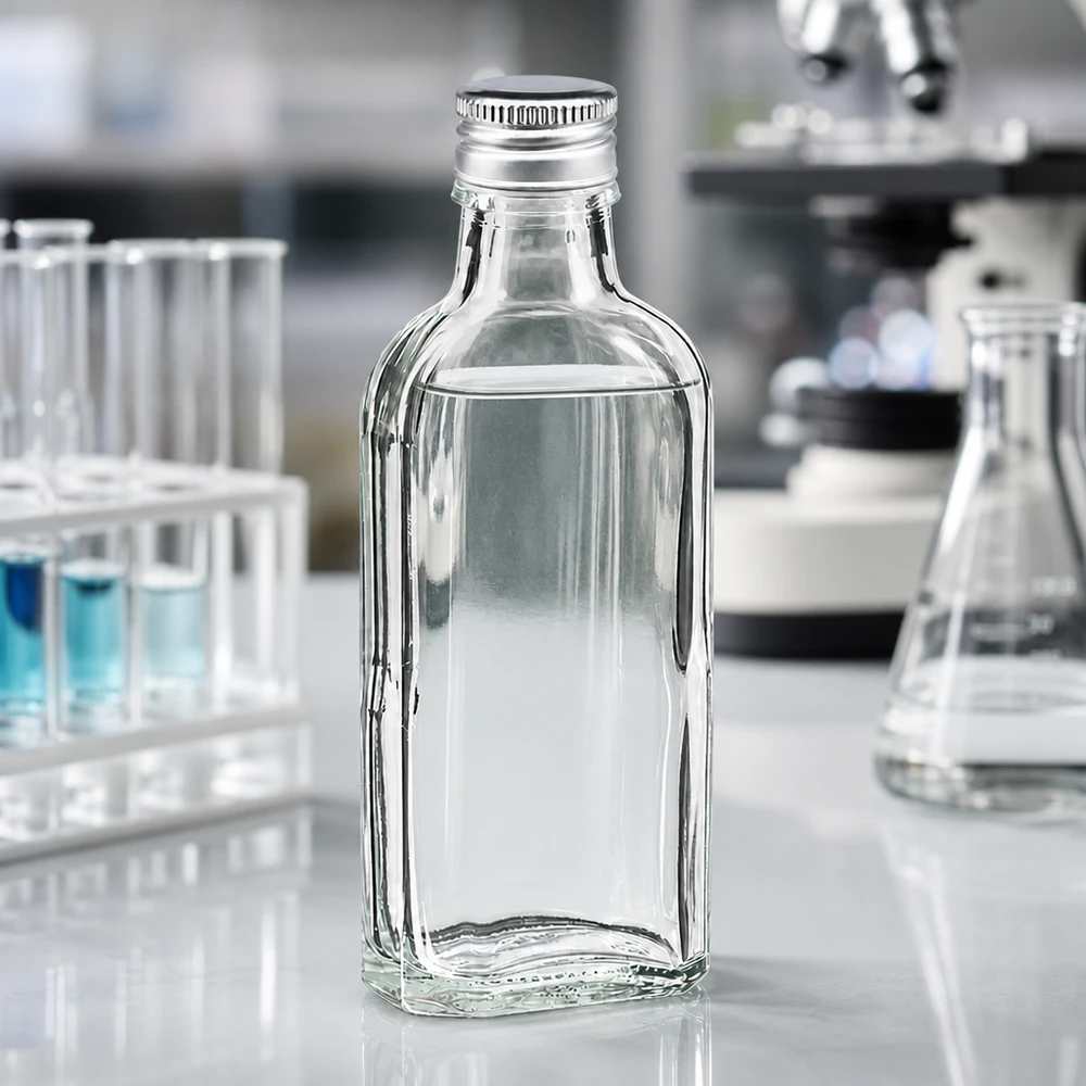 Kleine rechteckige Glasflasche 100ml Meplat mit silbernem Schraubdeckel PP22 im Labor