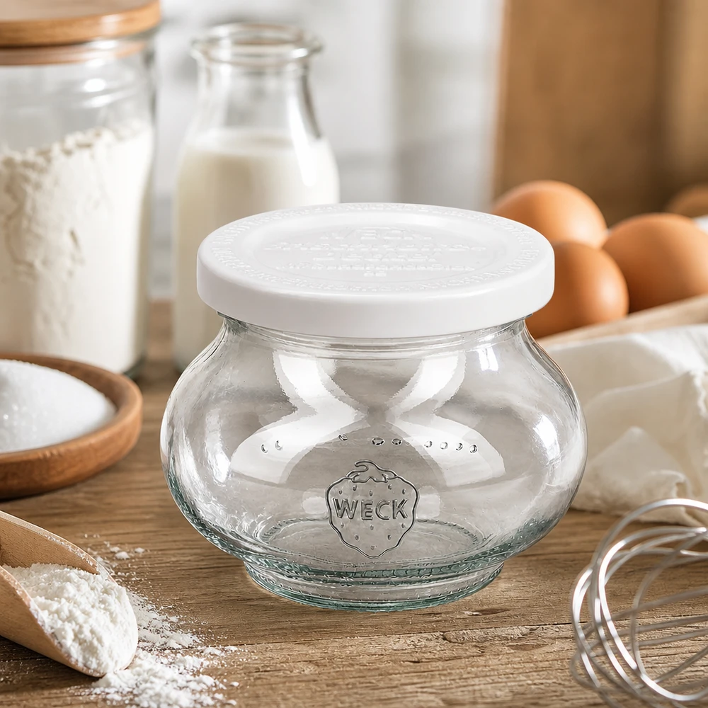 WECK Schmuckglas 220ml leeres Glas in rustikaler Bäckerei-Atmosphäre mit Mehl, Eiern und Backzutaten - vielseitig einset