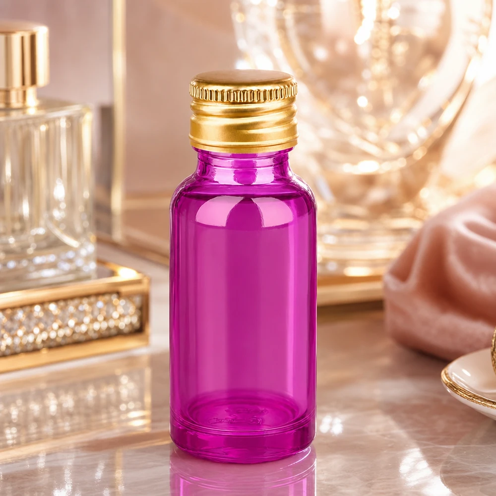 20ml Flasche 11mm Schraubverschluss Alu-Gold Standard PurpleLine. UT18/20 Transparente violette 20ml Flasche mit Standard-Schraubverschluss für präzise Dosierung
