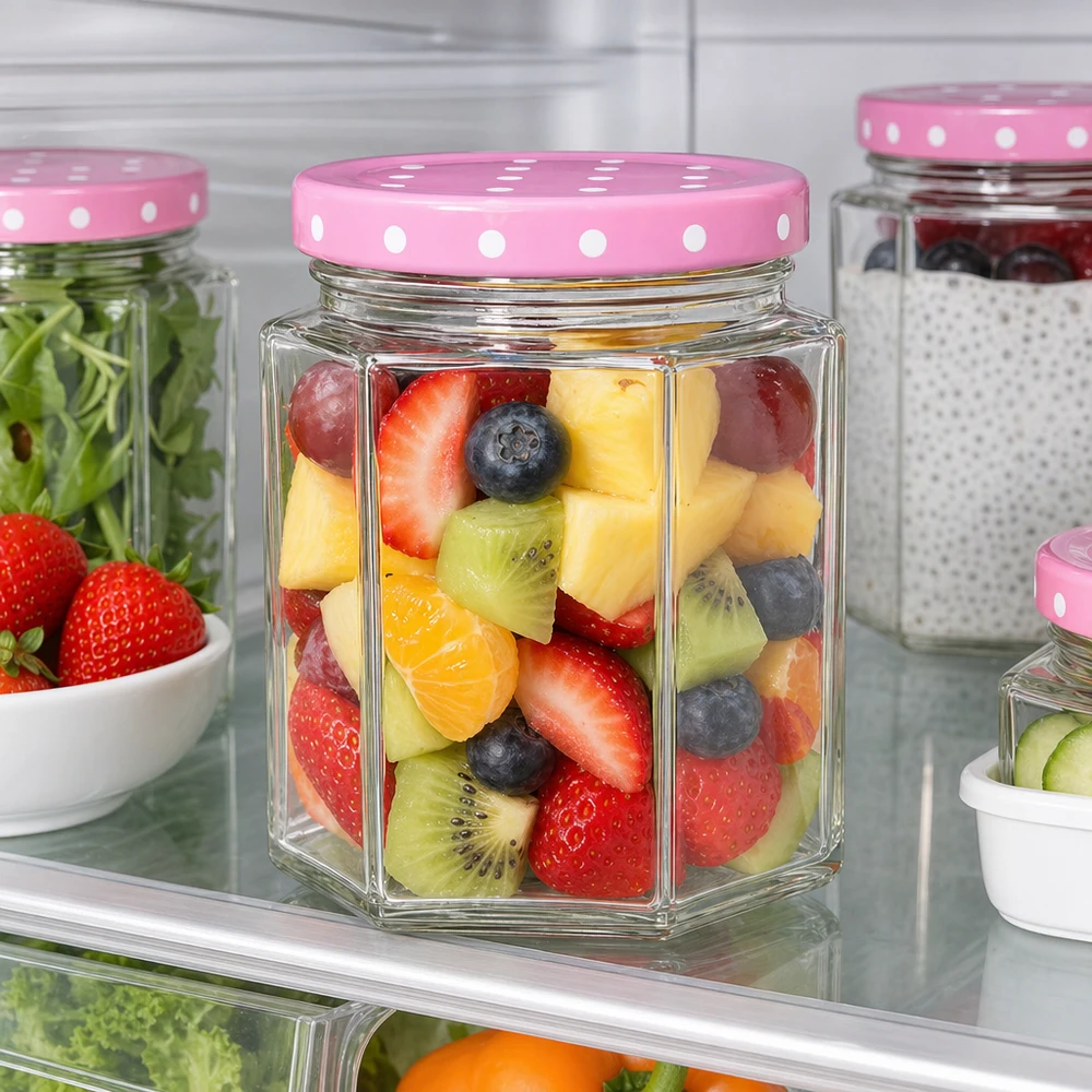 196ml Hexaglas + BasicSeal Deckel Punkte rosa UNiTWIST 196ml Hexaglas rosa Punktedeckel gefüllt mit frischem Obstsalat im Kühlschrank zeigt ideale Frischhaltung von Lebensmitt