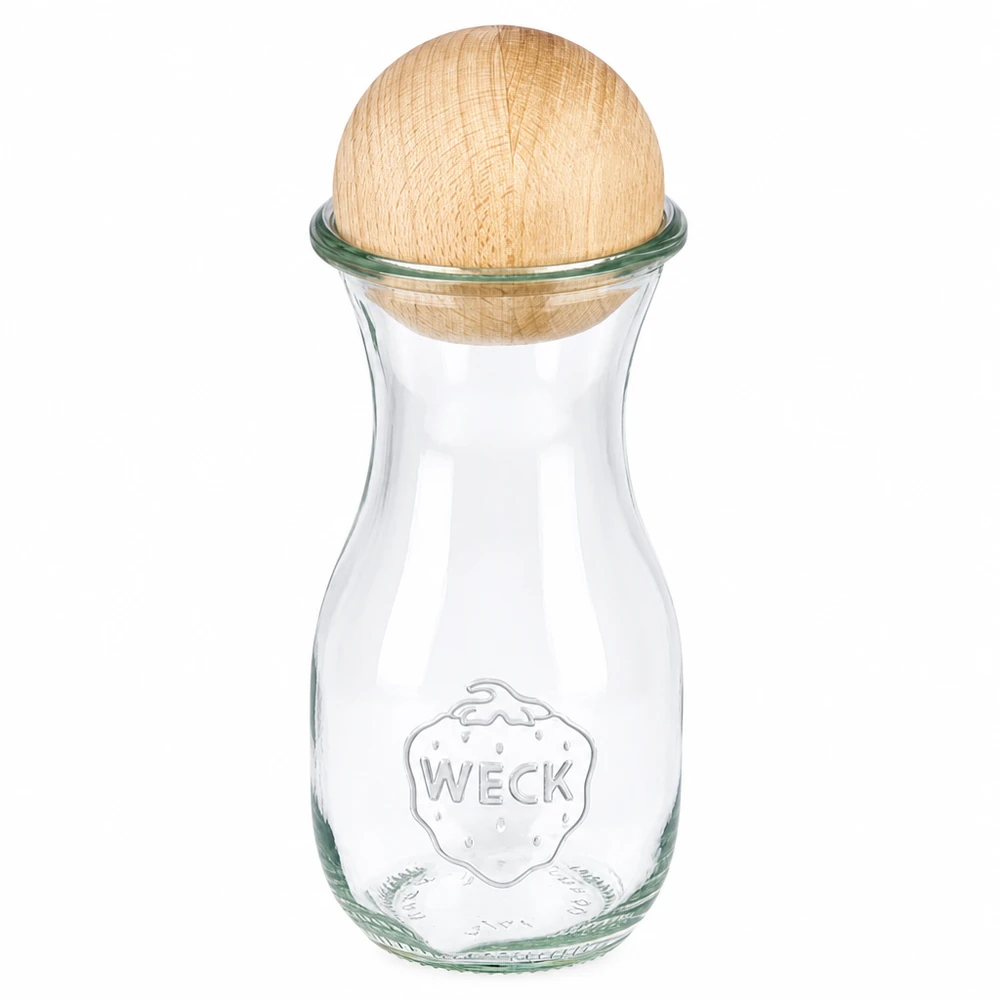 WECK Saftflasche 290ml RR60 aus Glas mit Holzkugel Buche als Verschluss, klassisches Design für Getränke