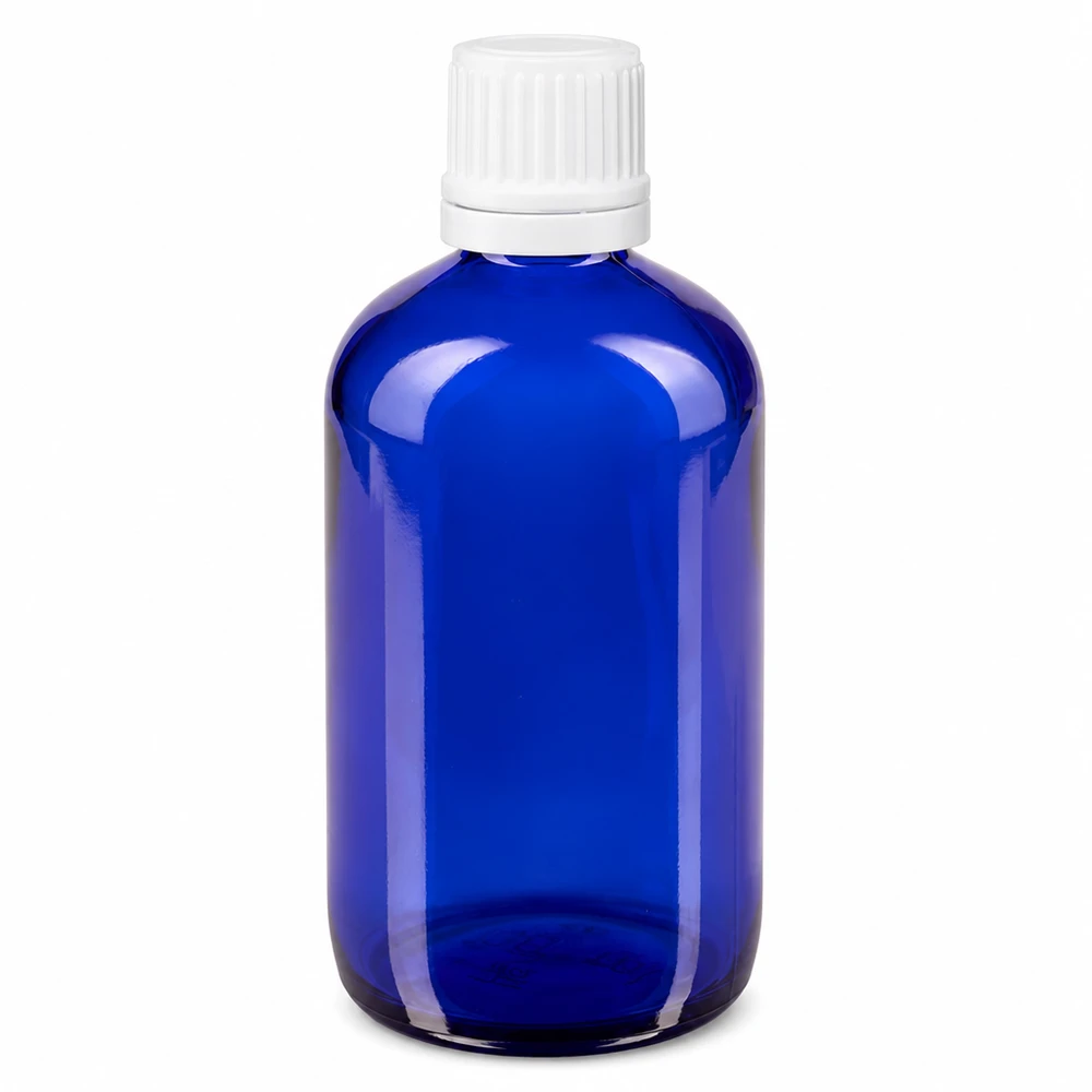Apothekenflasche blau 100ml Tropfverschluss 1.2mm weiß Originalitätsverschluss Blaue Tropfflasche 100ml ApoGlas mit kindersicherem weißem OV-Verschluss für Pharmazie