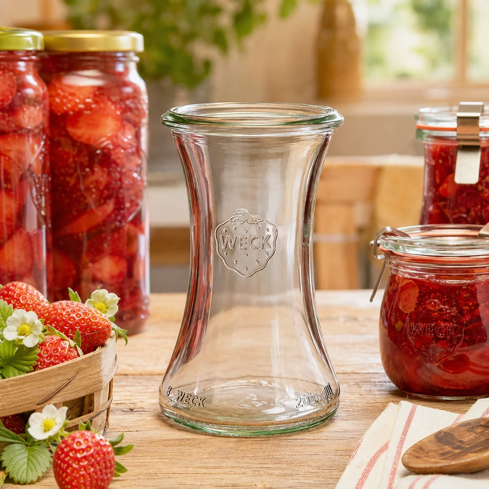 WECK RR60 Delikatessenglas 200ml umgeben von Erdbeeren und selbstgemachter Marmelade in rustikaler Küche