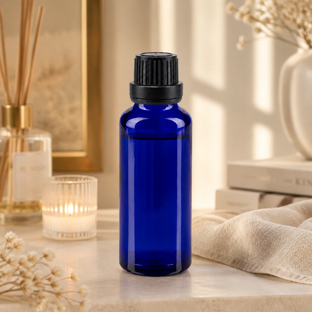 Apothekenflasche blau 30ml Schraubverschluss schwarz Dichteinlage Originalitätsverschluss Kleine blaue Glasflasche 30ml mit kindersicherem Schraubverschluss für Serum und Öle