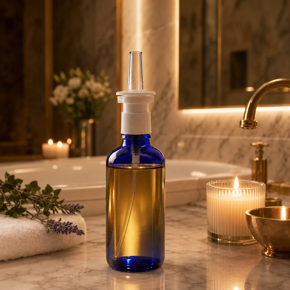 Apothekenflasche blau 50ml Nasenzerstäuber weiß Standard Blaue ApoGlas Sprühflasche 50ml mit transparenter Nasendüse in elegantem Badezimmer