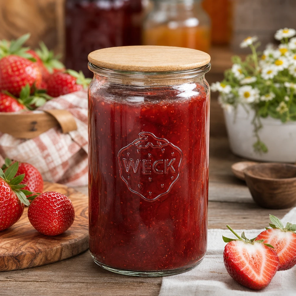 WECK Vorratsglas 340ml gefüllt mit Erdbeermarmelade neben frischen Erdbeeren auf rustikalem Holztisch