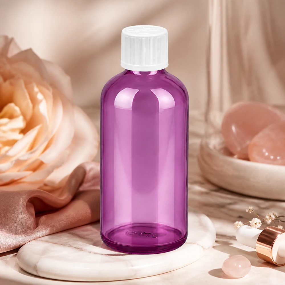 100ml Tropfflasche 1.2mm weiß Standard Kindersicher PurpleLine. UT18/100 Stilvolle Glasflasche 100ml in Purple-Optik mit weißem Deckel für hochwertige Pflegeprodukte