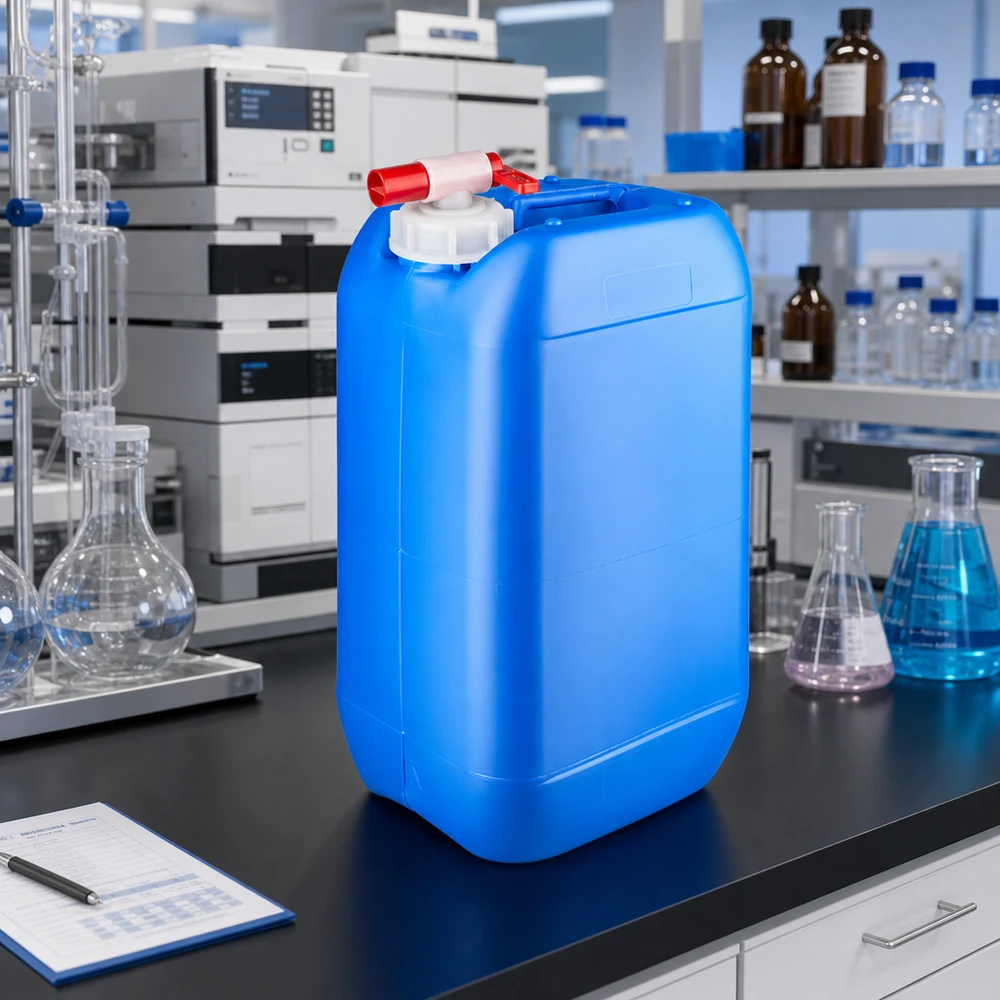 15 Liter Flüssigkeitsbehälter blau mit Zapfhahn auf schwarzer Laborarbeitsfläche