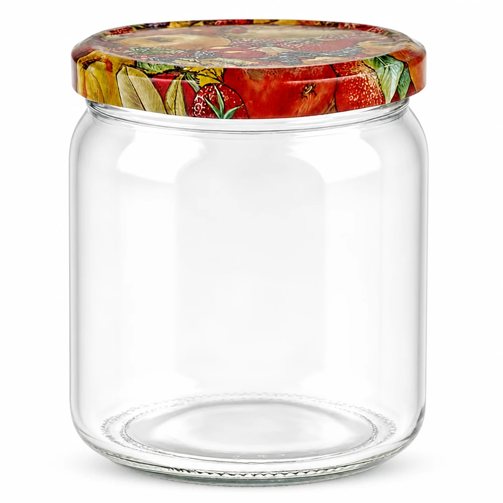 408ml Rundglas + BasicSeal Deckel Obst-Dekor UNiTWIST Leeres 408ml Rundglas mit buntem Obst-Deckel für Marmelade und Einmachen, perfekt für Küche und Vorratshaltung