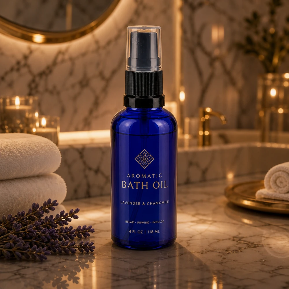 Blaue Apotheker Glasflasche 50ml mit Pumpzerstäuber für Lavendel und Kamille Badöl