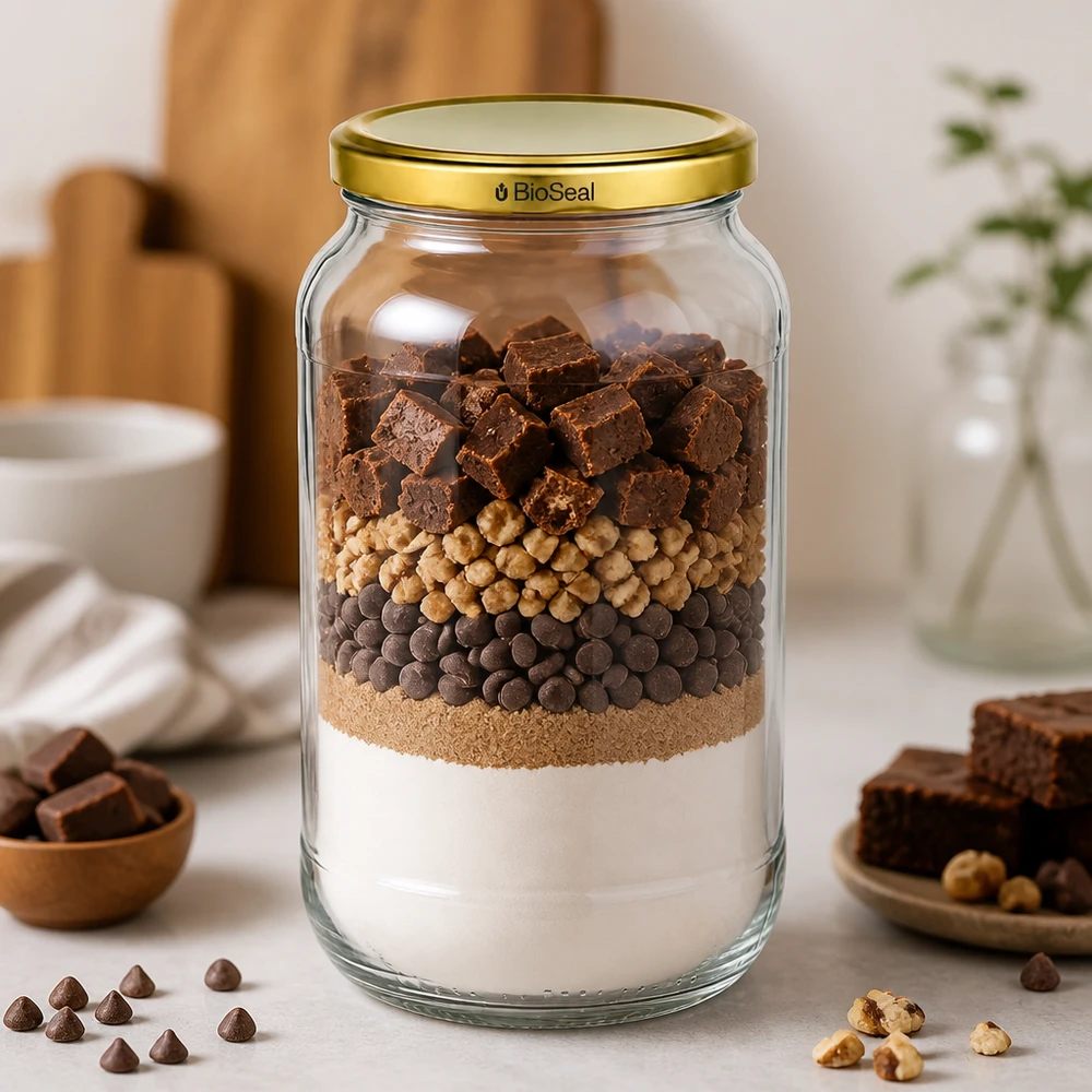 UNiTWIST Runda1062 Schichtglas Brownie-Mix Schokolade Nüsse TO82 BioSeal Golddeckel Backmischung Vorratsjar
