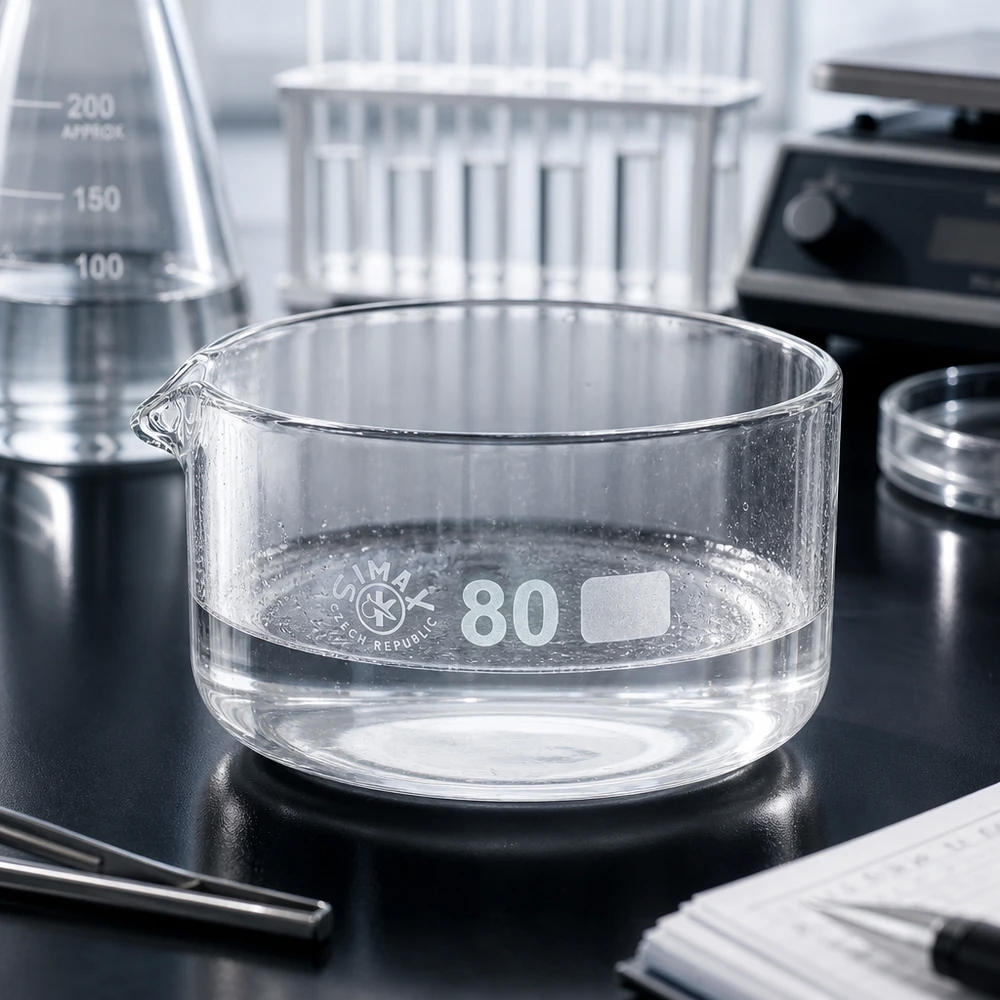 150ml Kristallisierschale mit Ausguss Borosilikat ø80mm Flache Glasschale 150ml im Laborumfeld mit Erlenmeyerkolben und Reagenzgläsern ø80mm