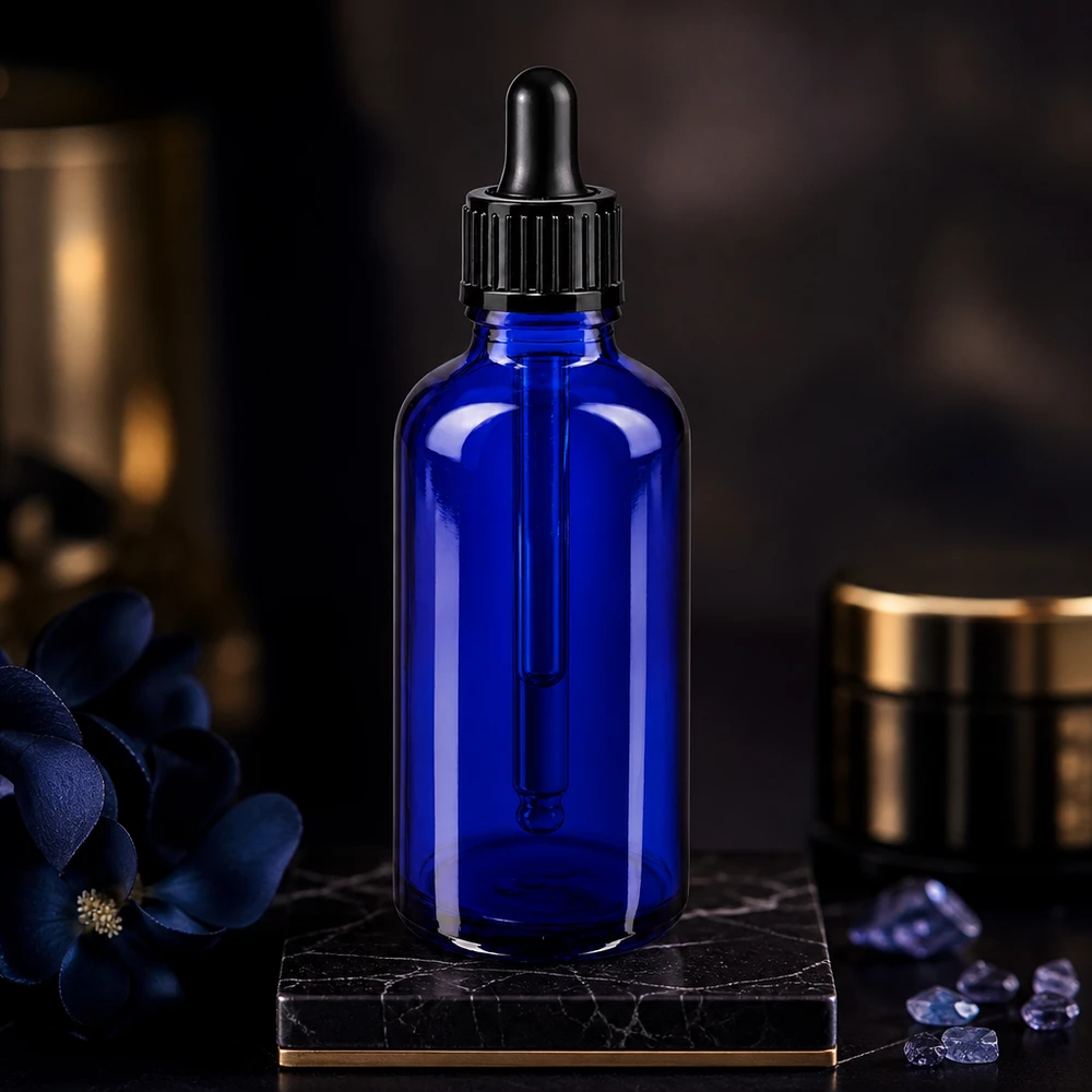 Kobaltblaue Glasflasche 50ml mit präziser 1mm Tropföffnung und schwarzem Gummisauger