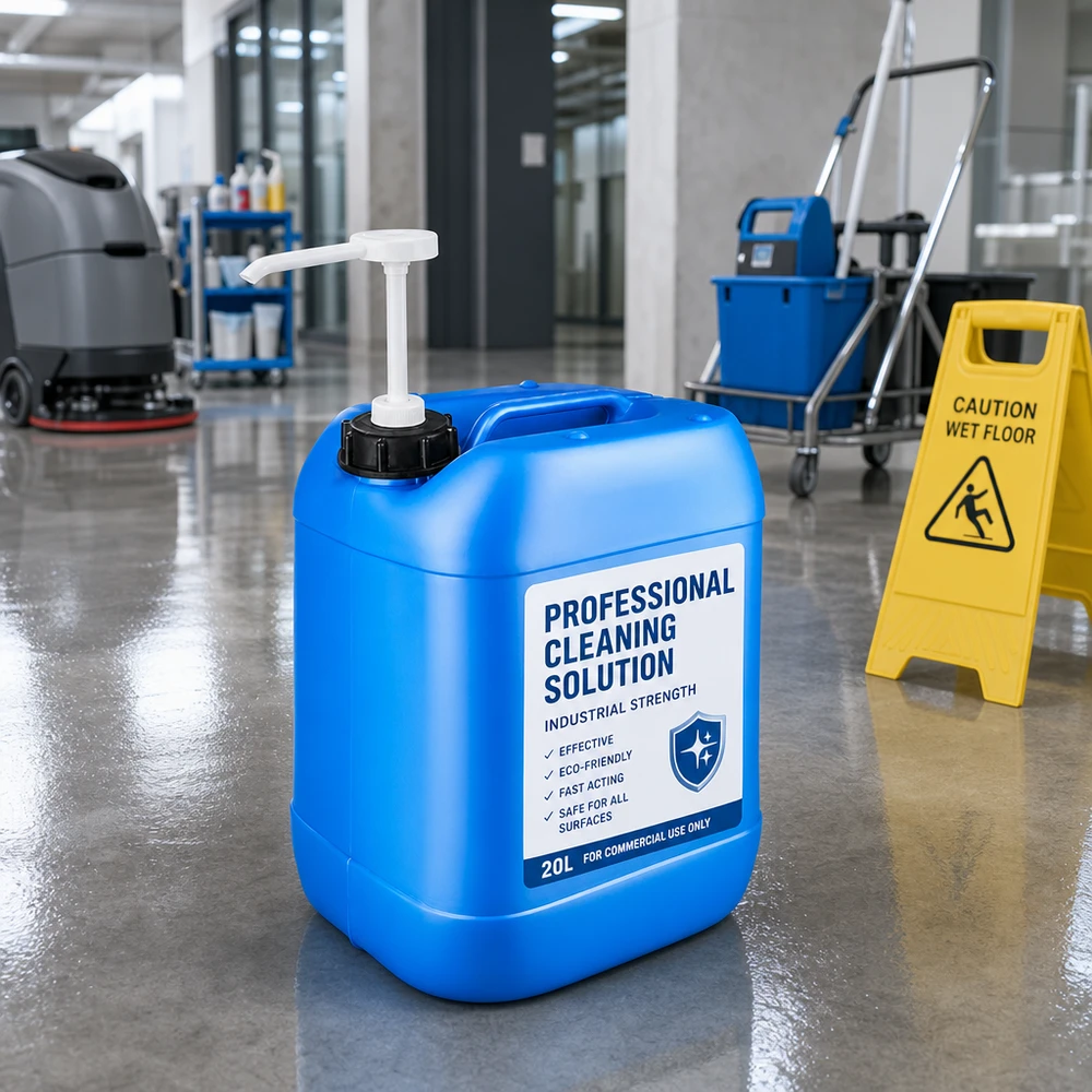 Gewerblicher Reinigungsmittelkanister 20L mit Pumpe im professionellen Reinigungsumfeld