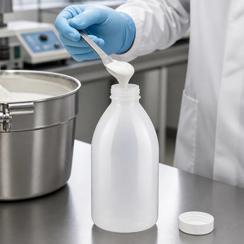 Befüllung einer 1000ml Enghals Laborflasche mit halbfester Masse und weißem Schraubdeckel