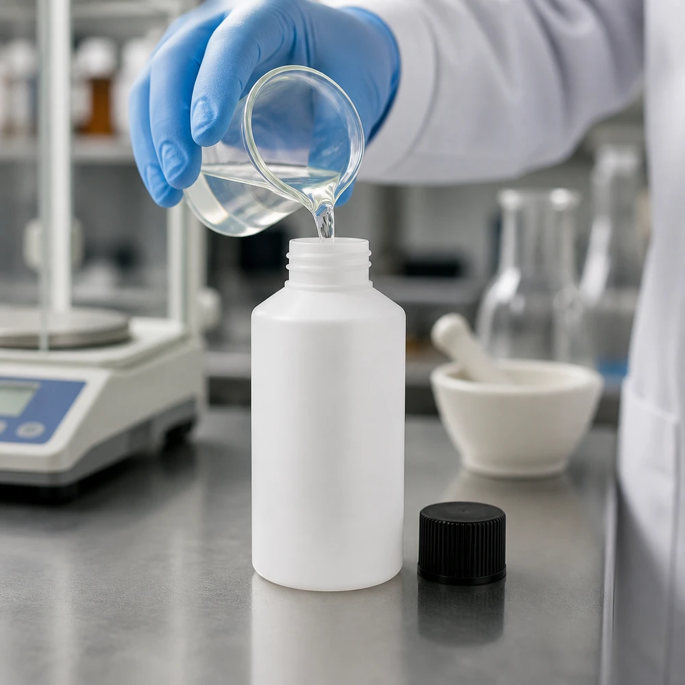 Runde weiße Apothekenflasche 50ml HDPE mit engem Schraubhals und schwarzem Deckel