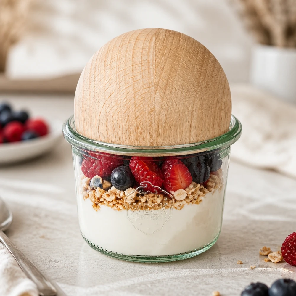 WECK Sturzglas 80ml RR60 mit Buchenholzkugel gefüllt mit Joghurt, Granola und Beeren als Frühstücks-Parfait