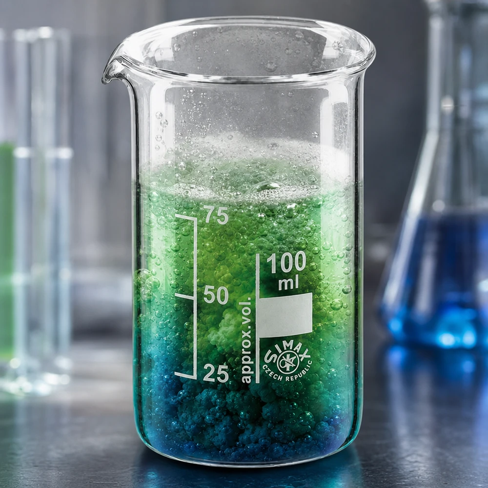 Becherglas 100ml Borosilikatglas, hohe Form Becherglas hohe Form 100ml mit sprudelndem Inhalt neben Erlenmeyerkolben und Reagenzgläsern