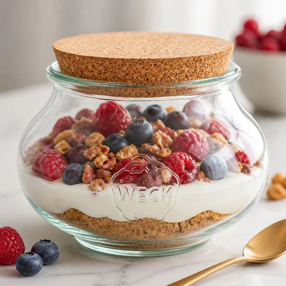 WECK RR100 Schmuckglas 1062ml Müsli Joghurt Beeren Nüsse Korkverschluss Frühstück Dessert Schichtdessert