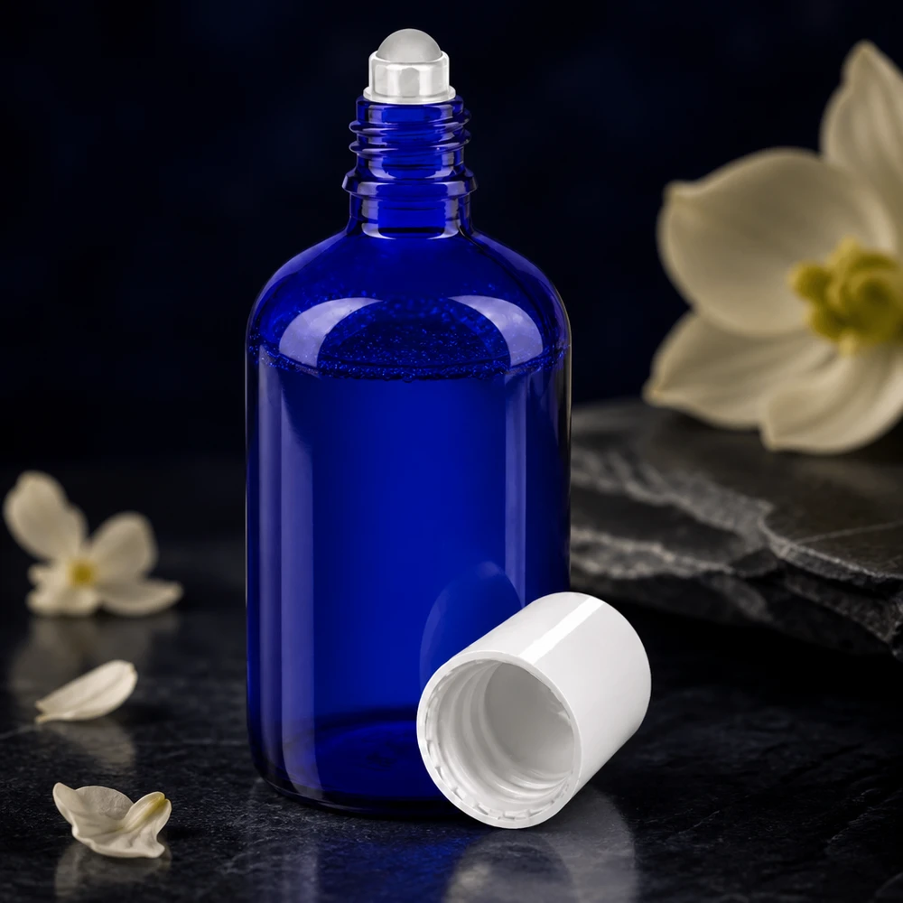 Apothekenflasche blau 100ml Roll-On Verschluss weiß 100ml blaue Glasflasche mit transparenter Rollkugel und weißem Deckel neben weißen Blüten