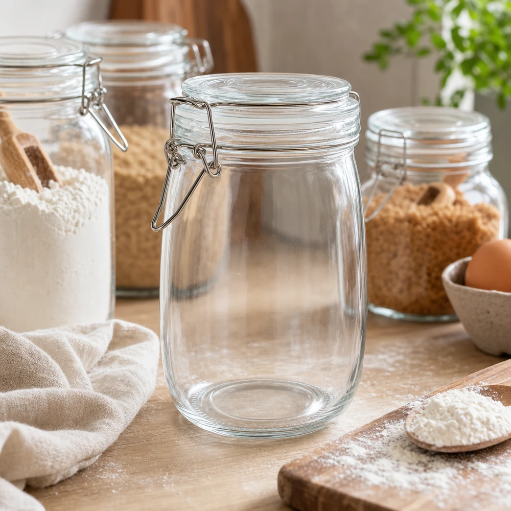 1000ml Bügelglas in natürlicher Küchenumgebung mit Backzutaten und Holzutensilien