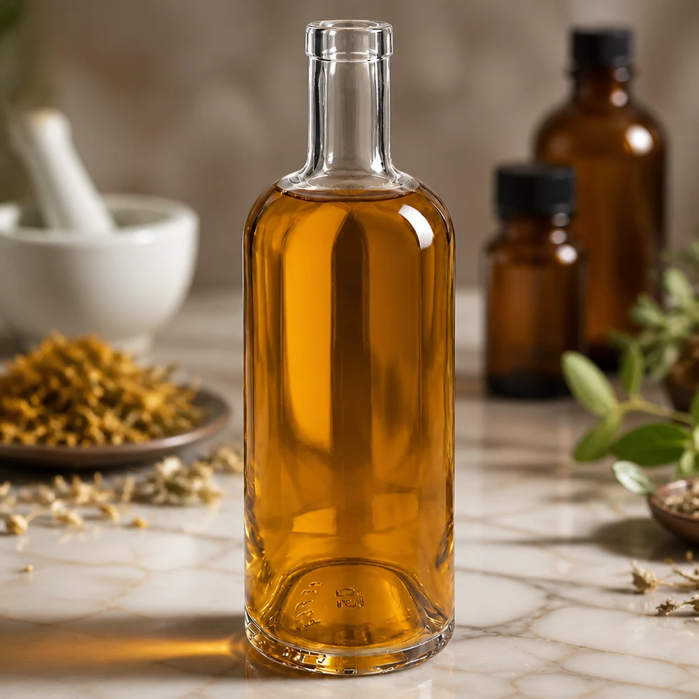 750ml Glasflasche "Attila" ohne Verschluss UNiTWIST® 750ml Glasflasche Emma bernsteinfarben gefüllt in apotheker Ambiente mit Kräutern Mörser und braunen Flaschen