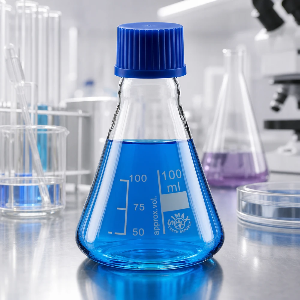Erlenmeyerkolben 100ml transparent mit blauer Kappe für präzise Volumenmessung