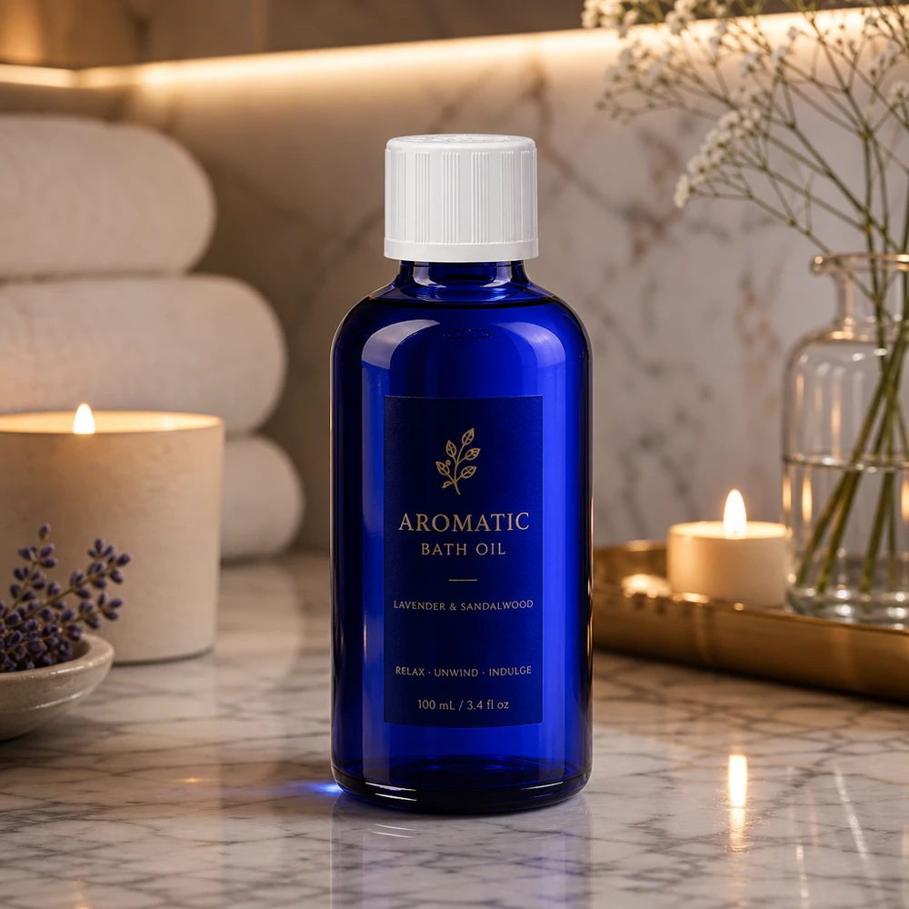 Apothekenflasche blau 50ml Schraubverschluss weiß Kindersicherung Standard Kleine blaue Glasflasche 50ml mit Kindersicherheitsverschluss neben Kerzen und Handtüchern