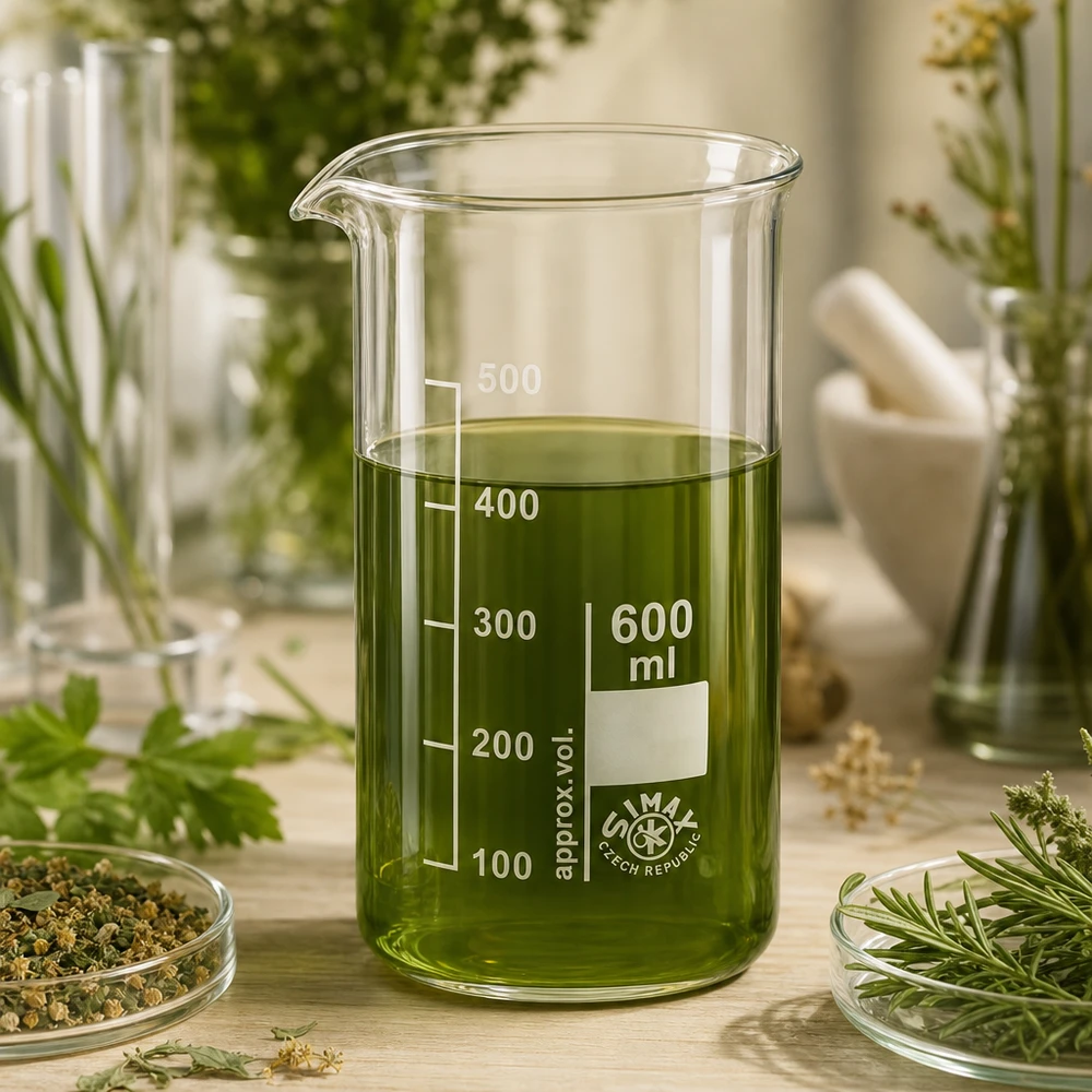 Becherglas 600ml Borosilikatglas, hohe Form Becherglas 600ml hohe Form Simax Czech Republic mit dunkelgrünem Pflanzenextrakt gefüllt