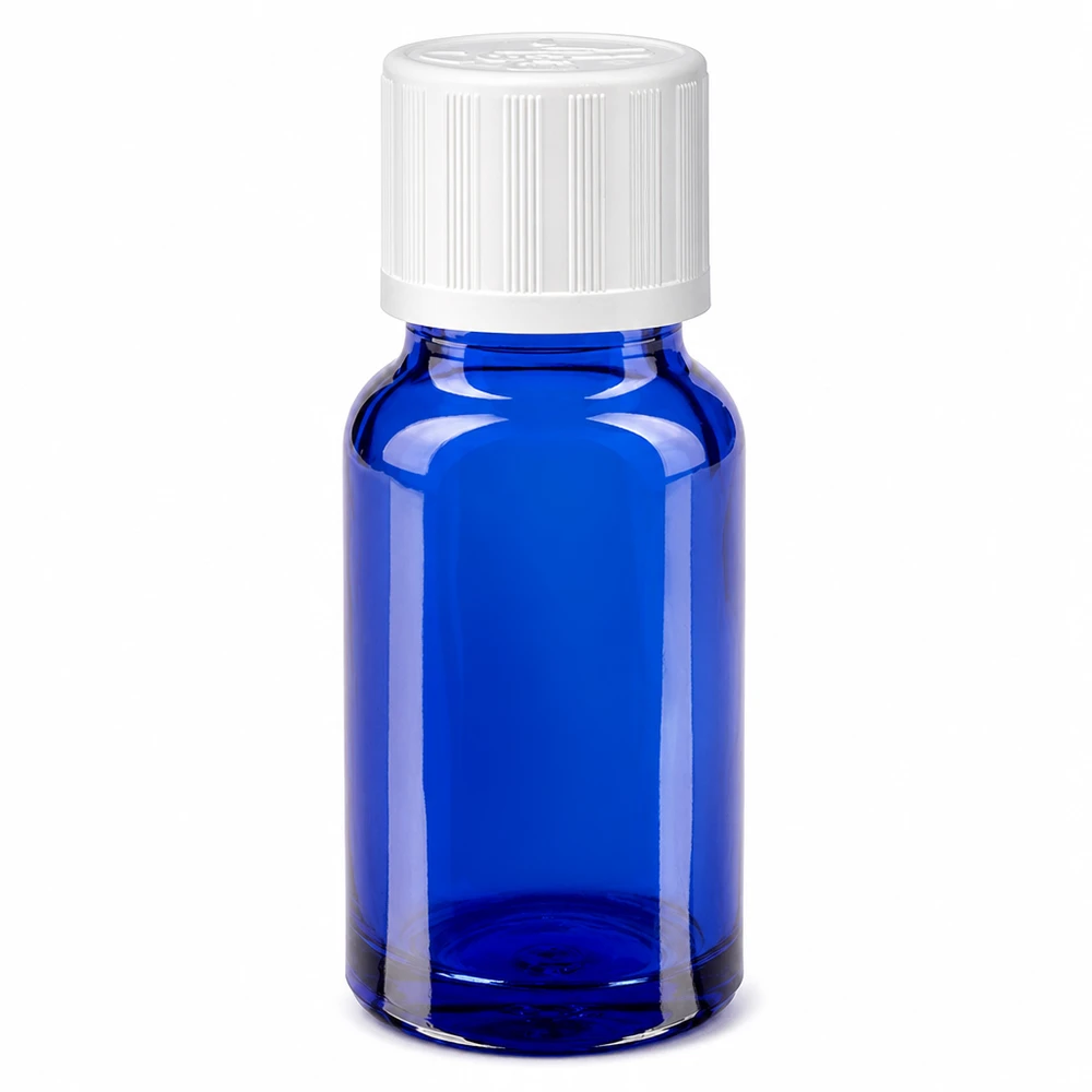 Apothekenflasche blau 10ml Schraubverschluss weiß Kindersicherung Standard Blaue Glasflasche 10ml mit weißem Schraubverschluss und Kindersicherung für Apotheken