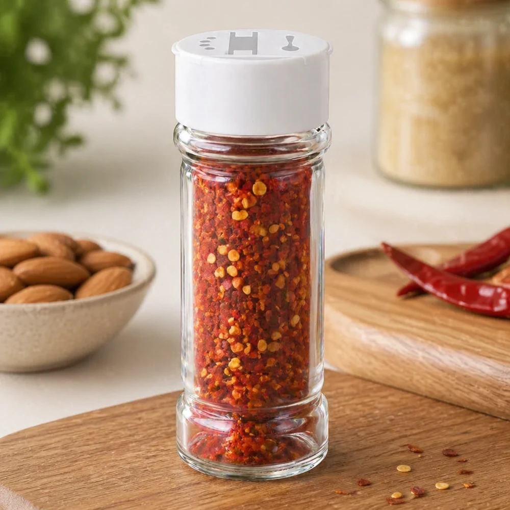 Salz-/Gewürzglas 100ml mit Doppelstreuer weiss Kleines Glasgewürzbehälter 100ml mit weißem Doppelstreuerdeckel neben Mandeln und Chilis