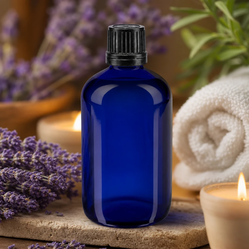 Apothekenflasche blau 100ml Schraubverschluss schwarz Giessring Originalitätsverschluss Kobaltblaue Apothekerflasche 100ml GR OV Verschluss neben Lavendel und Kerzen