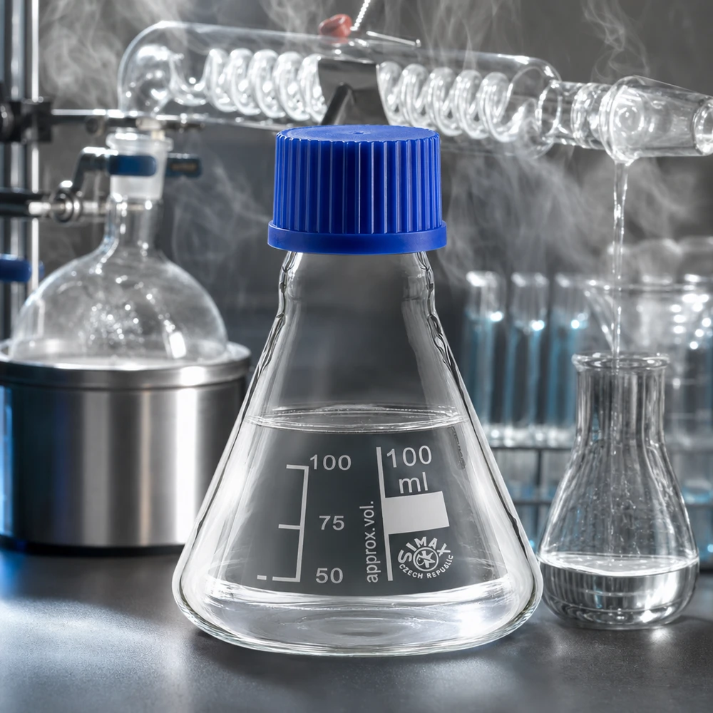 Erlenmeyerkolben 100ml mit Milliliter-Skala und wiederverschließbarer blauer Kappe