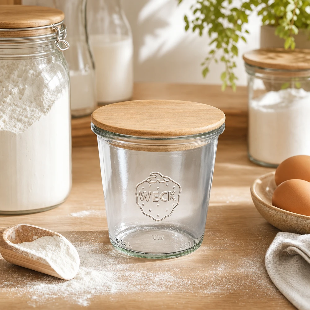 WECK Sturzglas 290ml RR80 mit Holzdeckel in gemütlicher Küche zwischen Mehl Eiern und anderen Backzutaten auf Holzbrett