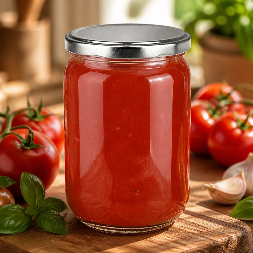 UNiTWIST 555ml Rundglas BasicSeal silber zur Aufbewahrung von Tomatensauce mit Basilikum und Knoblauch