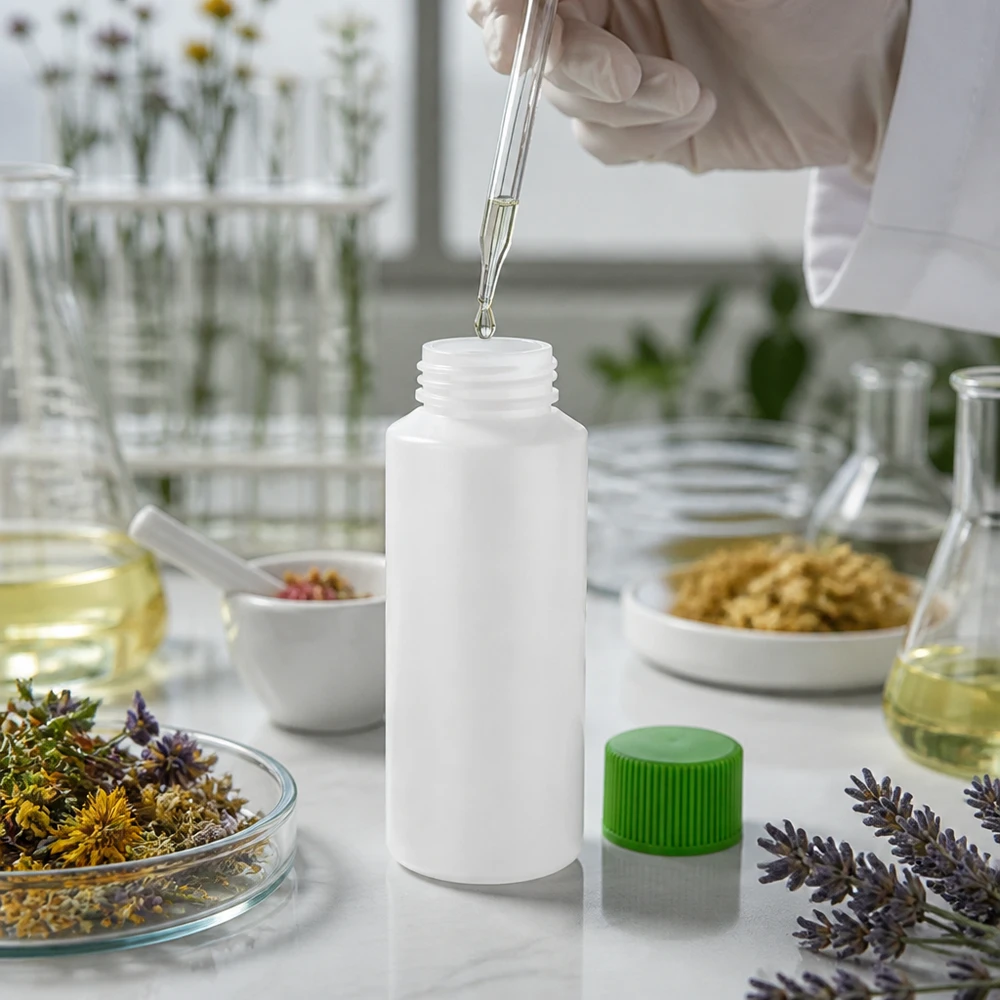 Apothekenflasche HDPE 30ml weiß, mit grünem Schraubverschluss Pipettenbefüllung einer weißen 30ml HDPE Flasche mit grünem SV in botanischem Forschungslabor