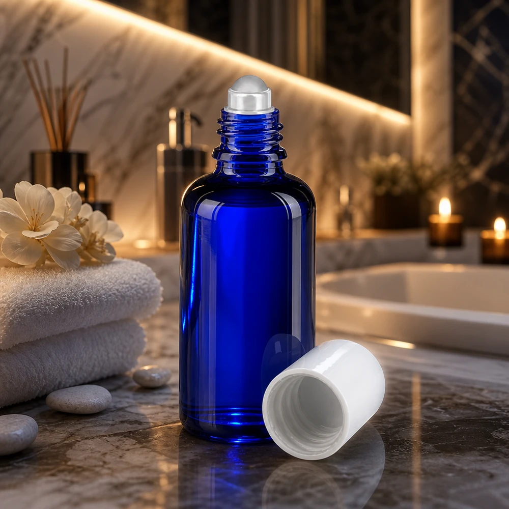 Blaue Apothekerglas-Flasche 50ml mit Rollapplikator und abgenommenem weißem Deckel auf Marmor