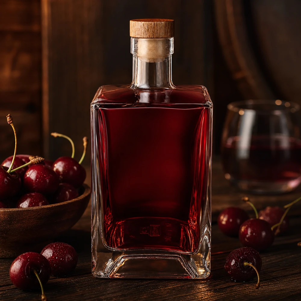 700ml Glasflasche Ben mit rotem Kirschlikör gefüllt zwischen frischen Kirschen rustikale Holzoberfläche UNiTWIST Korken