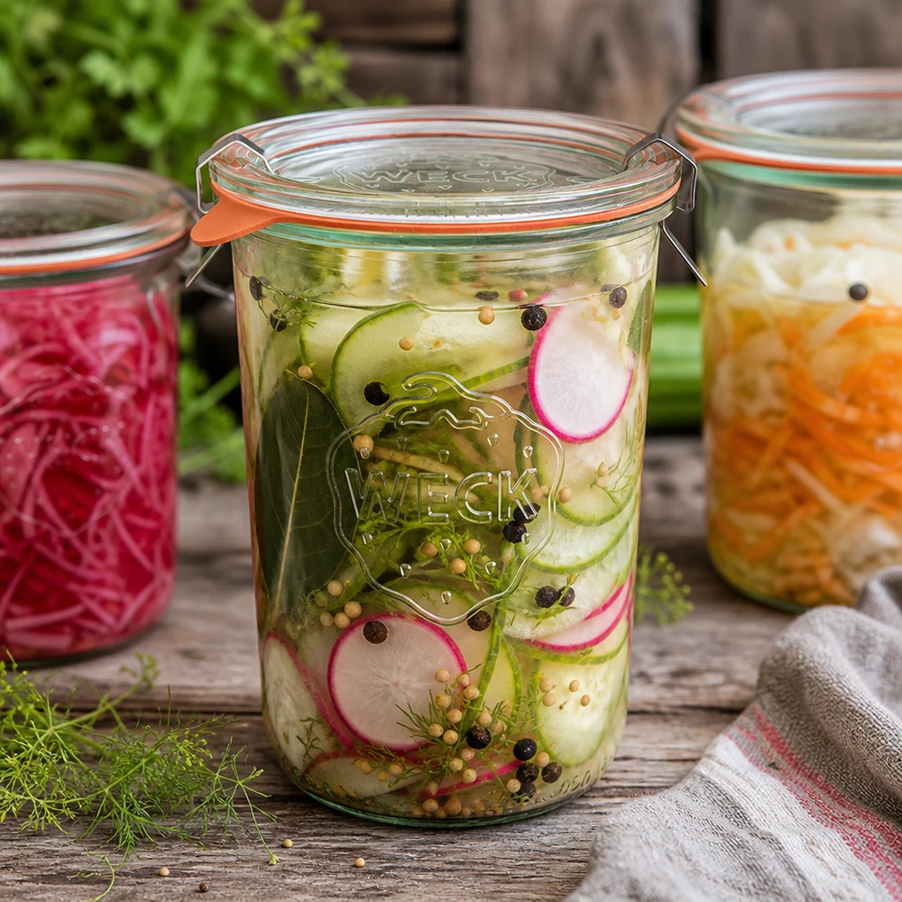 WECK RR100 Sturzglas 850ml mit eingelegtem Gemüse und Gewürzen für traditionelles Fermentieren und Einlegen