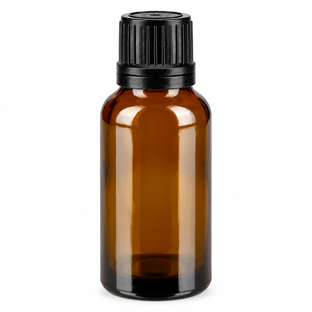 Braunglas Tropfflasche 20ml mit schwarzem OV-Verschluss und 1mm Tropfeinsatz