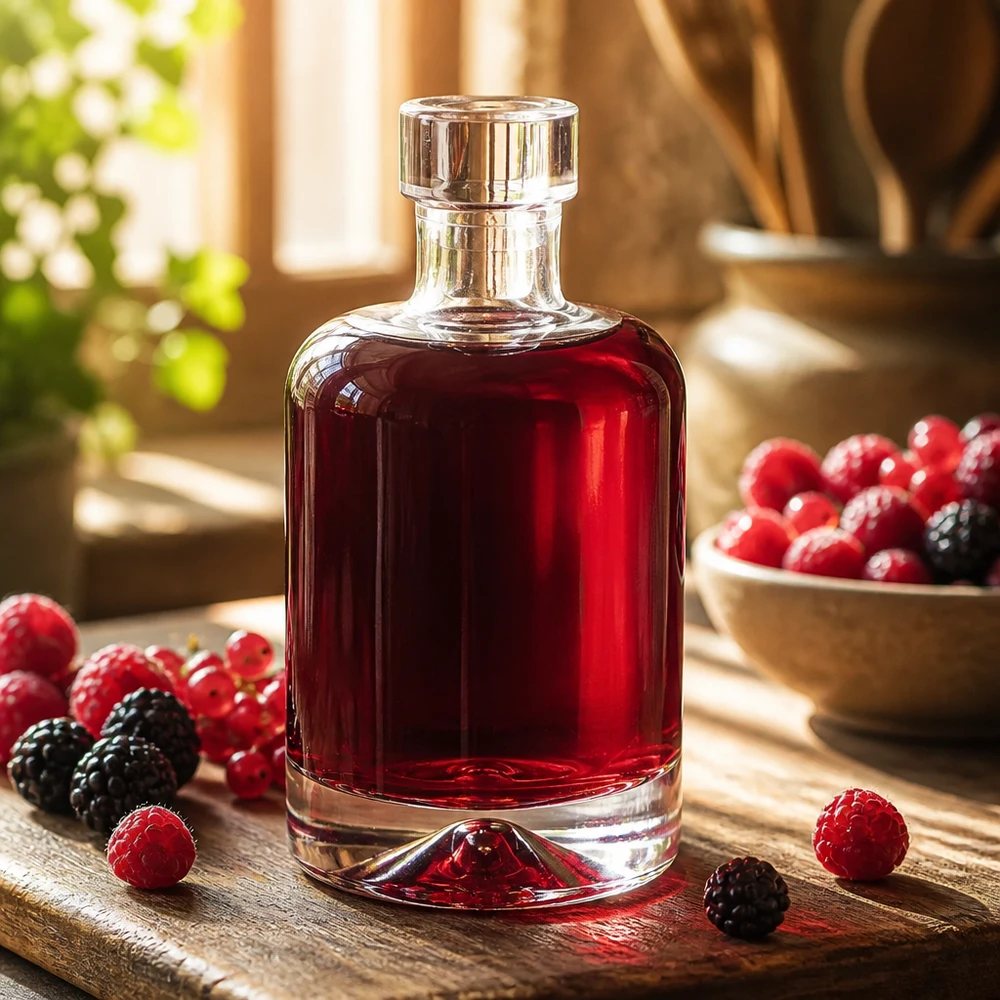 50ml Glasflasche Amelie mit rotem Beerenlikör befüllt umgeben von frischen Himbeeren und Brombeeren zeigt edle Spirituos