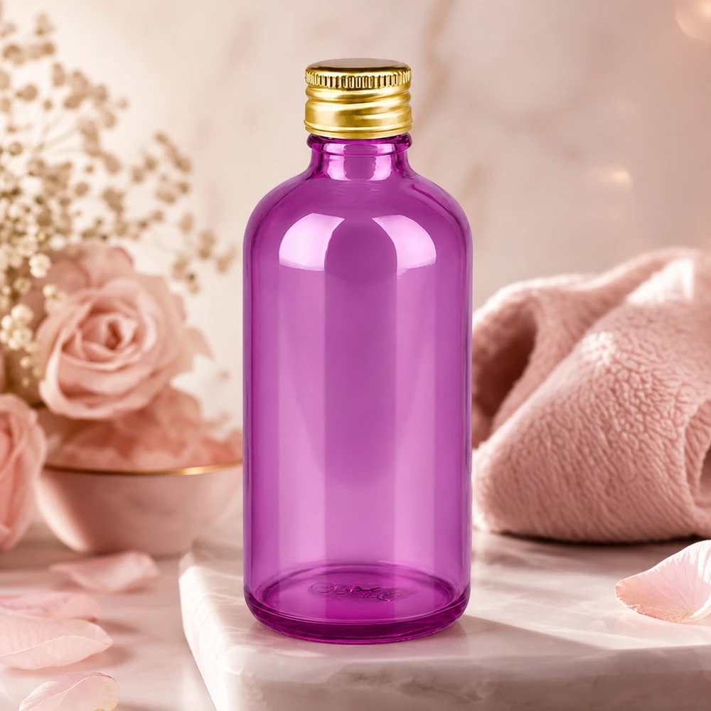100ml Flasche 11mm Schraubverschluss Alu-Gold Standard PurpleLine. UT18/100 Premium 100ml Violettglas mit matter Oberfläche ideal für DIY Kosmetik und Aromatherapie Mischungen