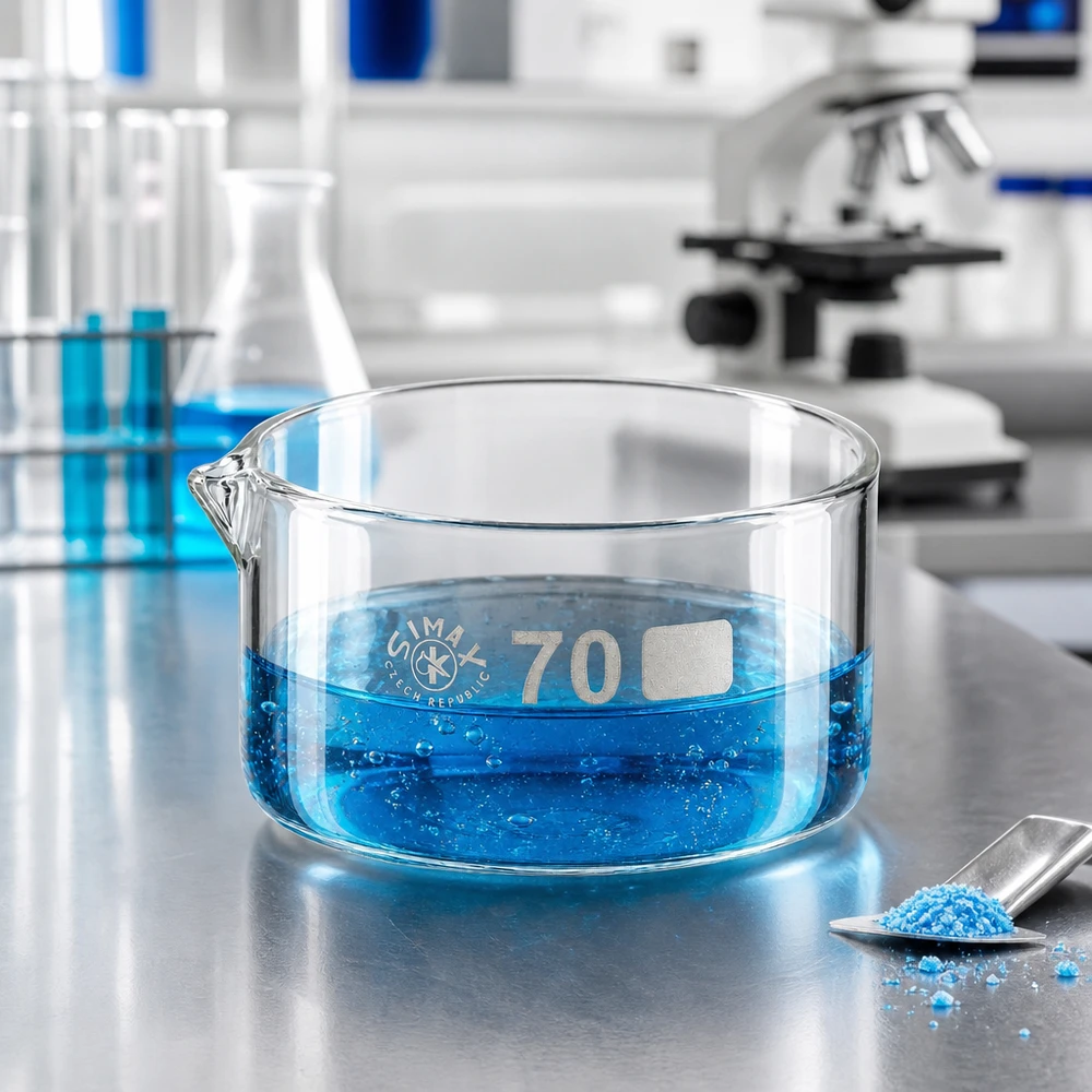 Simax Schale 70mm Durchmesser mit blau gefärbter Kupfersulfatlösung und Kristallen im Chemielabor