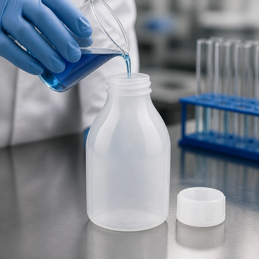 30ml Schraubflasche, Enghals Laborflasche Chemiker überführt blaues Reagenz aus Becherglas in kleine 30ml Kunststoff-Laborflasche