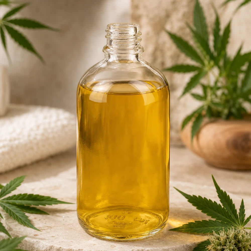 ClearLine 100ml Flasche gefüllt mit warmgoldenem Pflanzenöl neben frischen Cannabisblättern DIN18