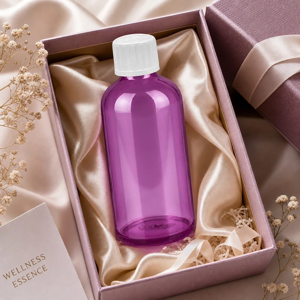 100ml Tropfflasche 1.2mm weiß Standard Kindersicher PurpleLine. UT18/100 Premium Purple Glasflasche 100ml mit 1.2mm Tropfer ideal für Wellness und Aromatherapie