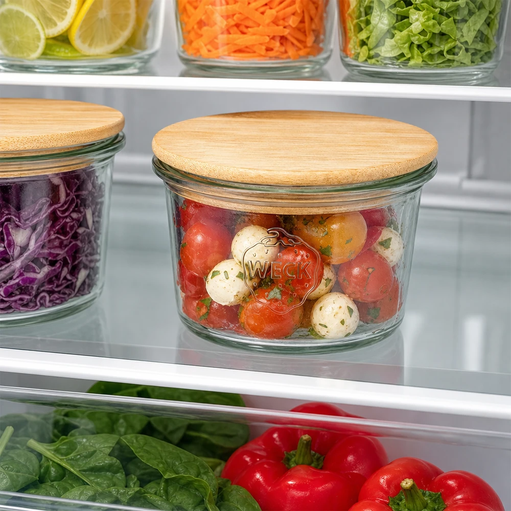 WECK Mini Sturzglas 35ml mit Holzdeckel zur stylischen Aufbewahrung von Tomaten und Mozzarella im Kühlschrank