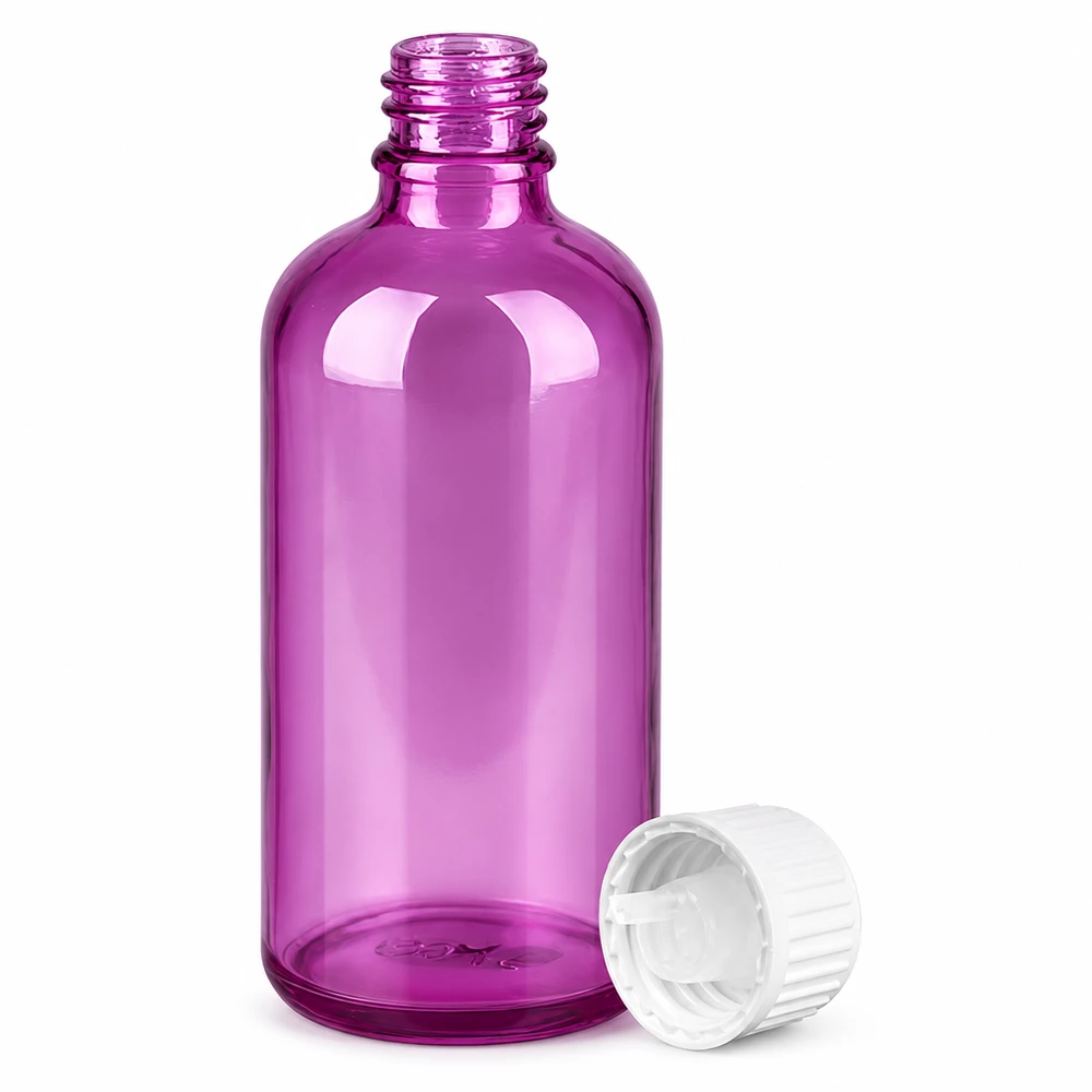 100ml Tropfflasche 0.9mm weiss Standard PurpleLine UT18/100 Hochwertige 100ml Flasche aus transparentem lila Glas mit kindersicherem weißem Verschluss