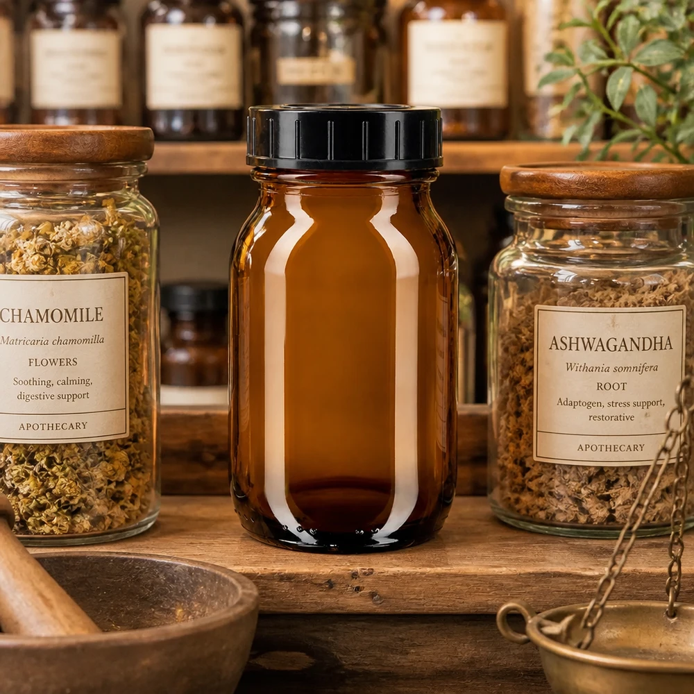 Runde 100ml Glasdose in Bernsteinfarben mit breiter Öffnung für Pulver und Granulate