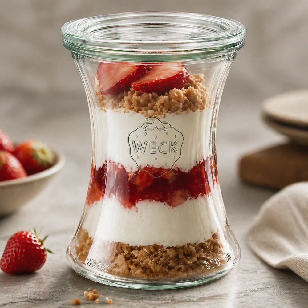 WECK Delikatessenglas 370ml RR80 als Dessertglas mit Erdbeeren und Streuseln zeigt elegante Schichtoptik